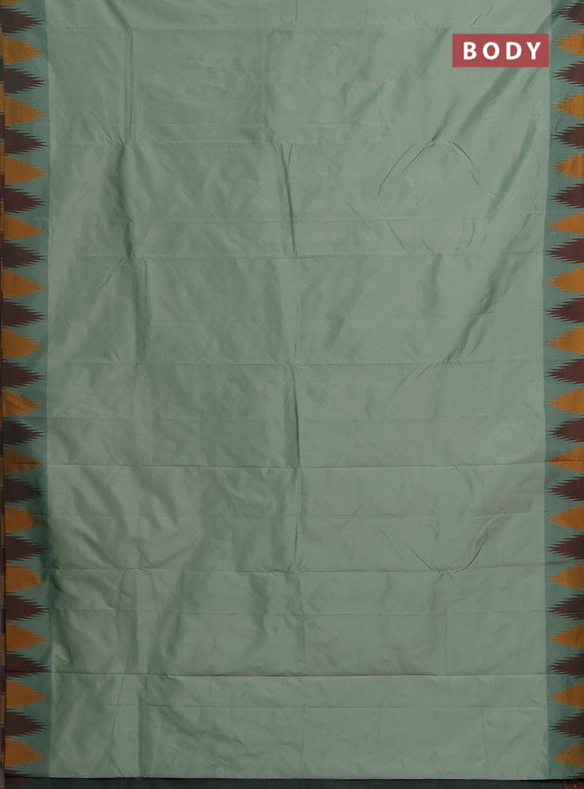 Arani semi silk saree pastel green shade and mustard yellow maroon with plain body and temple design border