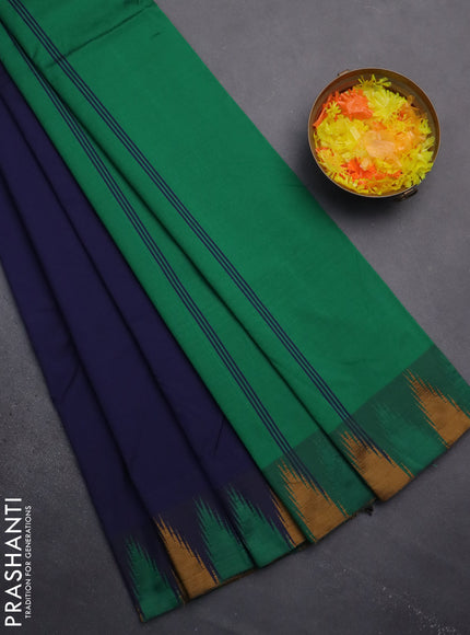 Arani semi silk saree navy blue and green mustard yellow with plain body and temple design border