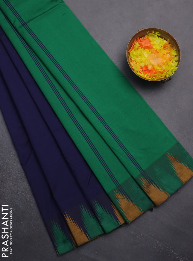 Arani semi silk saree navy blue and green mustard yellow with plain body and temple design border