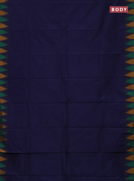 Arani semi silk saree navy blue and green mustard yellow with plain body and temple design border