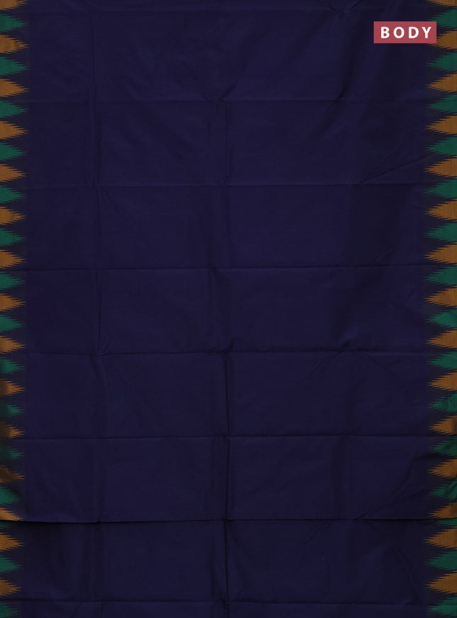 Arani semi silk saree navy blue and green mustard yellow with plain body and temple design border