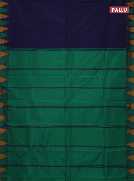 Arani semi silk saree navy blue and green mustard yellow with plain body and temple design border