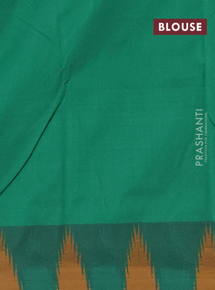 Arani semi silk saree navy blue and green mustard yellow with plain body and temple design border