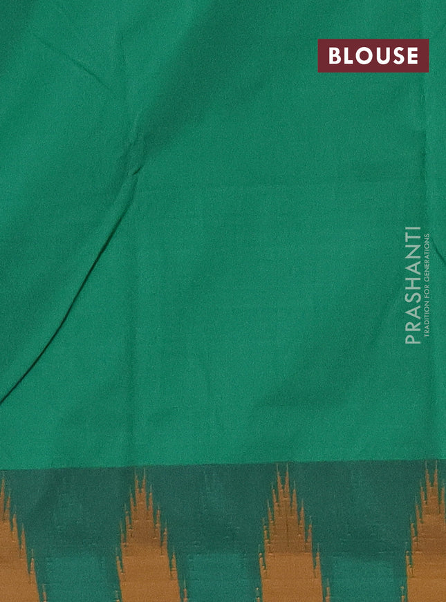 Arani semi silk saree navy blue and green mustard yellow with plain body and temple design border