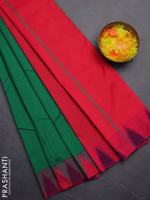 Arani semi silk saree green and dual shade of pink with plain body and temple design border