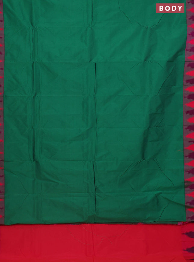 Arani semi silk saree green and dual shade of pink with plain body and temple design border