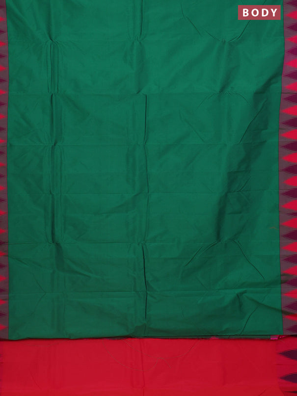 Arani semi silk saree green and dual shade of pink with plain body and temple design border