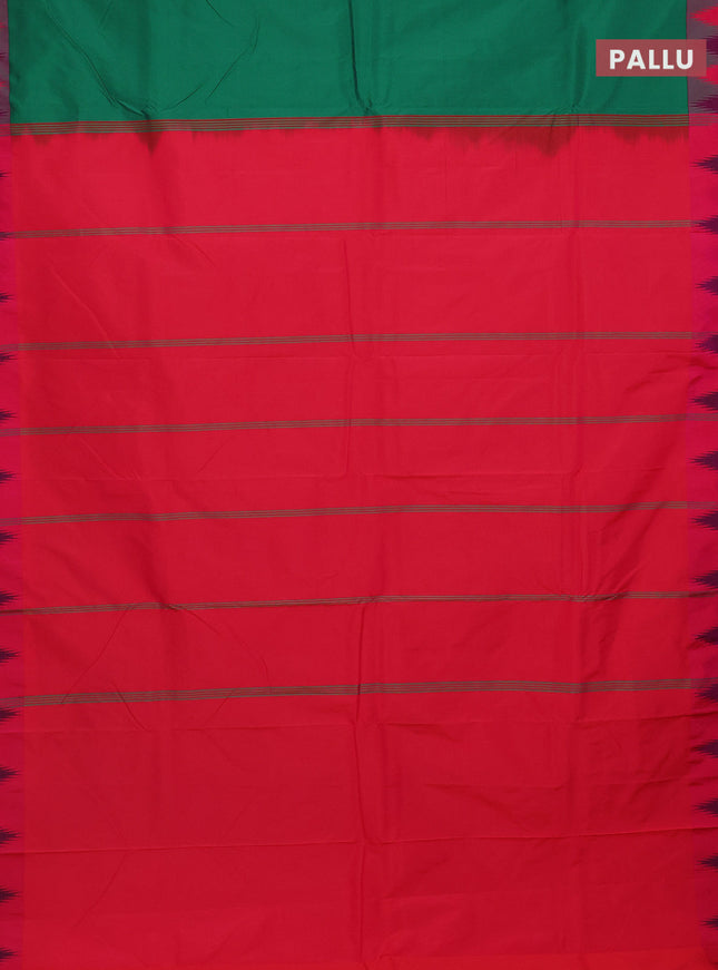 Arani semi silk saree green and dual shade of pink with plain body and temple design border