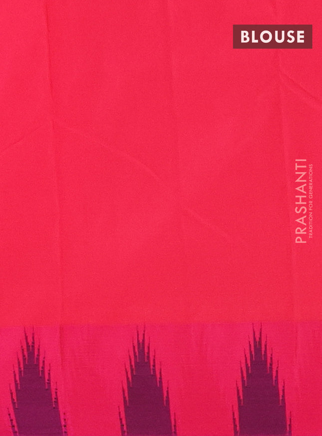 Arani semi silk saree green and dual shade of pink with plain body and temple design border