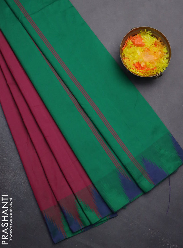 Arani semi silk saree magenta pink and green with plain body and temple design border