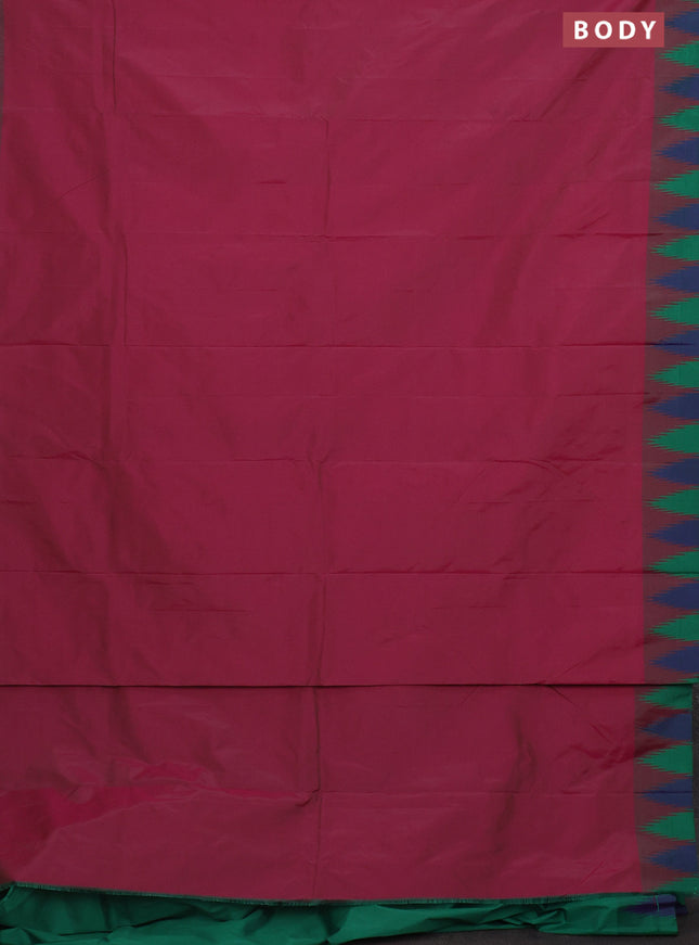 Arani semi silk saree magenta pink and green with plain body and temple design border
