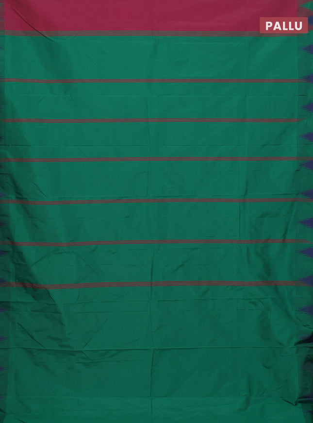 Arani semi silk saree magenta pink and green with plain body and temple design border