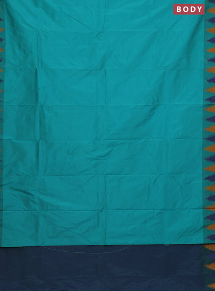 Arani semi silk saree teal green and blue mustard with plain body and temple design border