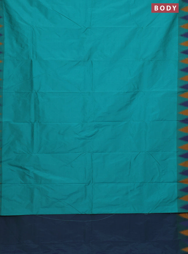 Arani semi silk saree teal green and blue mustard with plain body and temple design border