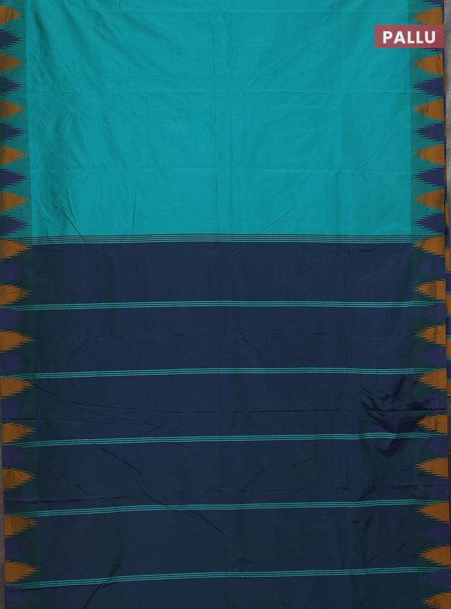 Arani semi silk saree teal green and blue mustard with plain body and temple design border