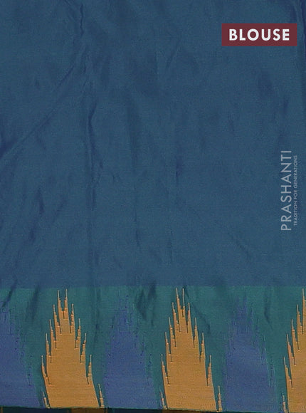 Arani semi silk saree teal green and blue mustard with plain body and temple design border