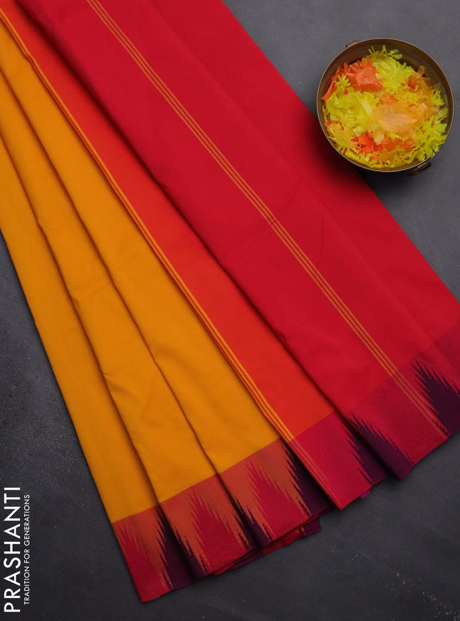 Arani semi silk saree mango yellow and pink with plain body and temple design border