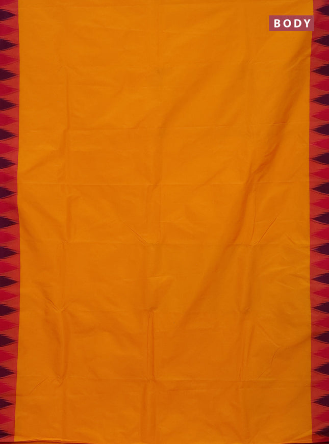 Arani semi silk saree mango yellow and pink with plain body and temple design border