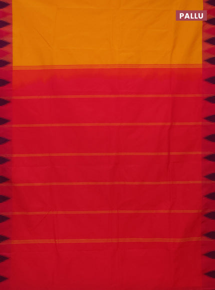 Arani semi silk saree mango yellow and pink with plain body and temple design border