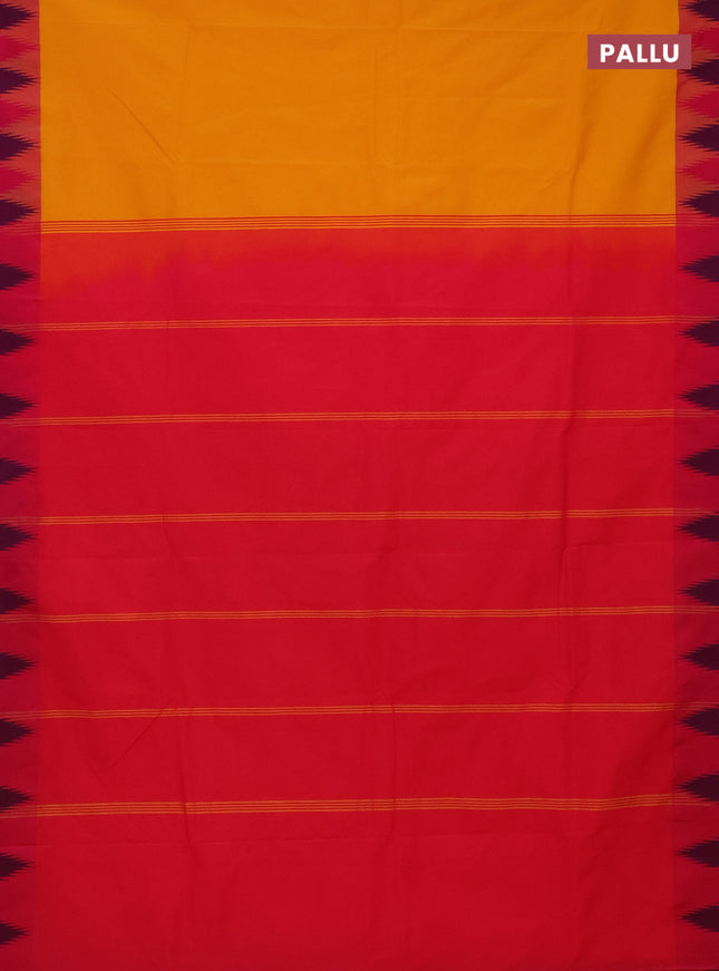 Arani semi silk saree mango yellow and pink with plain body and temple design border