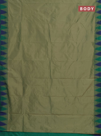 Arani semi silk saree green shade with plain body and temple design border