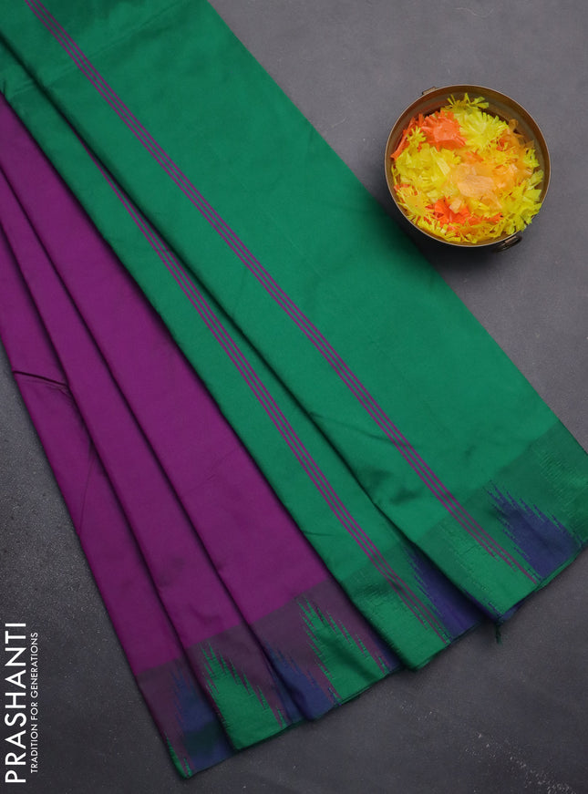 Arani semi silk saree purple and dual shade of green with plain body and temple design border