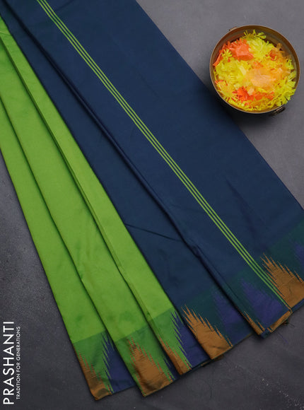 Arani semi silk saree light green and dual shade of blue with plain body and temple design border