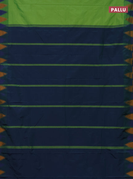 Arani semi silk saree light green and dual shade of blue with plain body and temple design border