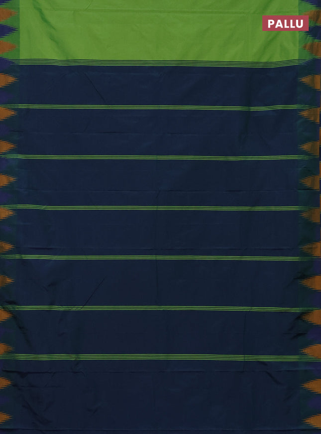 Arani semi silk saree light green and dual shade of blue with plain body and temple design border