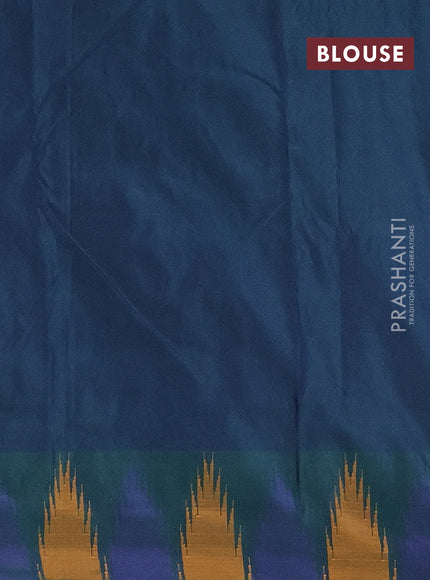 Arani semi silk saree light green and dual shade of blue with plain body and temple design border
