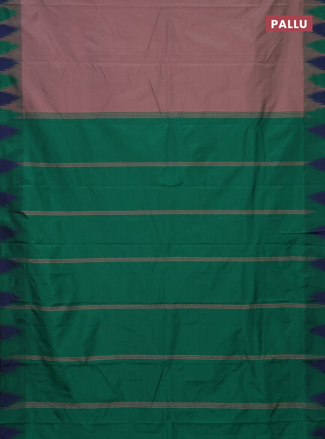 Arani semi silk saree pastel pink and green with plain body and temple design border