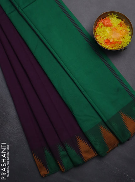 Arani semi silk saree deep purple and green mustard yellow with plain body and temple design border