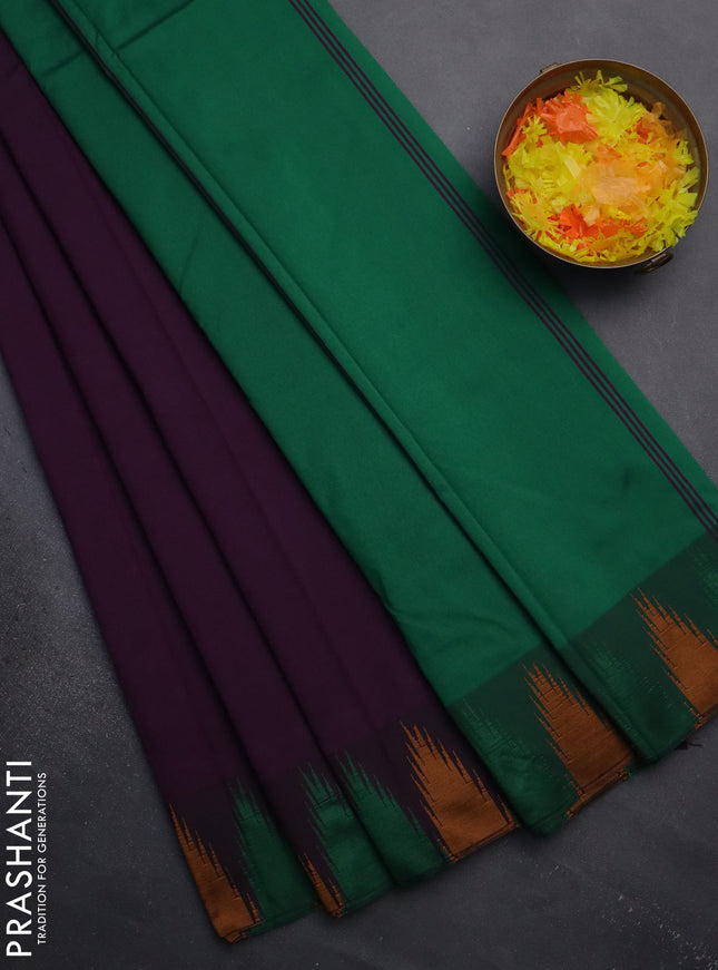 Arani semi silk saree deep purple and green mustard yellow with plain body and temple design border