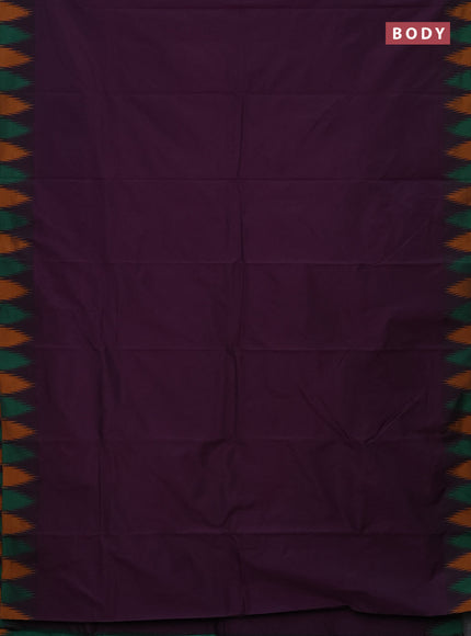 Arani semi silk saree deep purple and green mustard yellow with plain body and temple design border