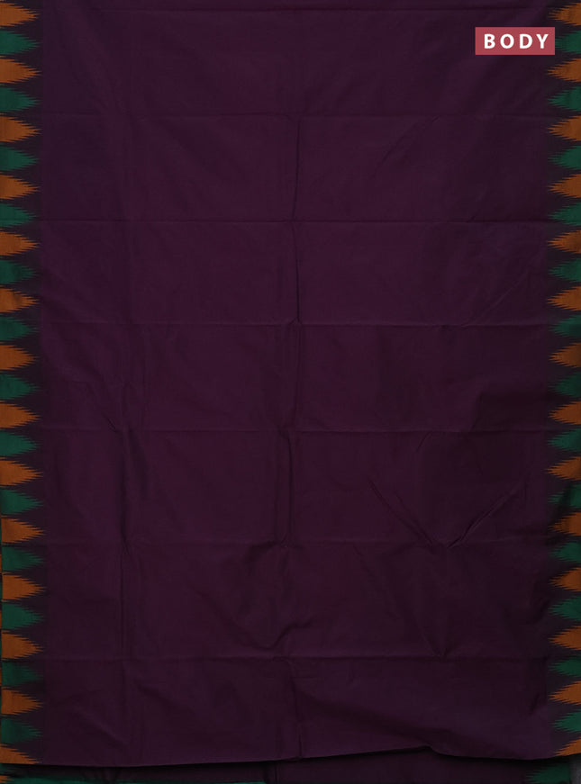 Arani semi silk saree deep purple and green mustard yellow with plain body and temple design border