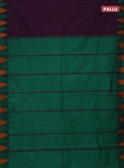Arani semi silk saree deep purple and green mustard yellow with plain body and temple design border