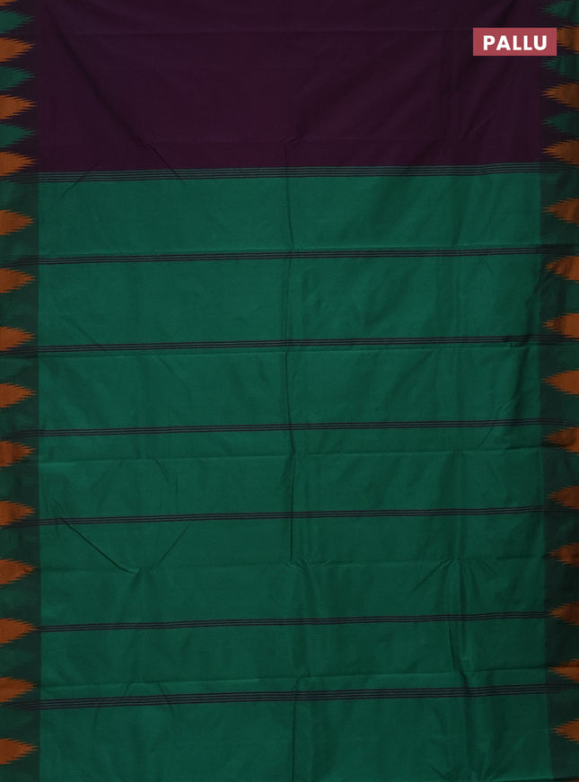 Arani semi silk saree deep purple and green mustard yellow with plain body and temple design border