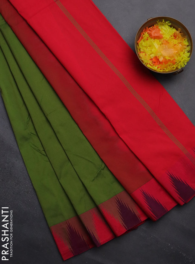 Arani semi silk saree sap green and dual shade of pink with plain body and temple design border
