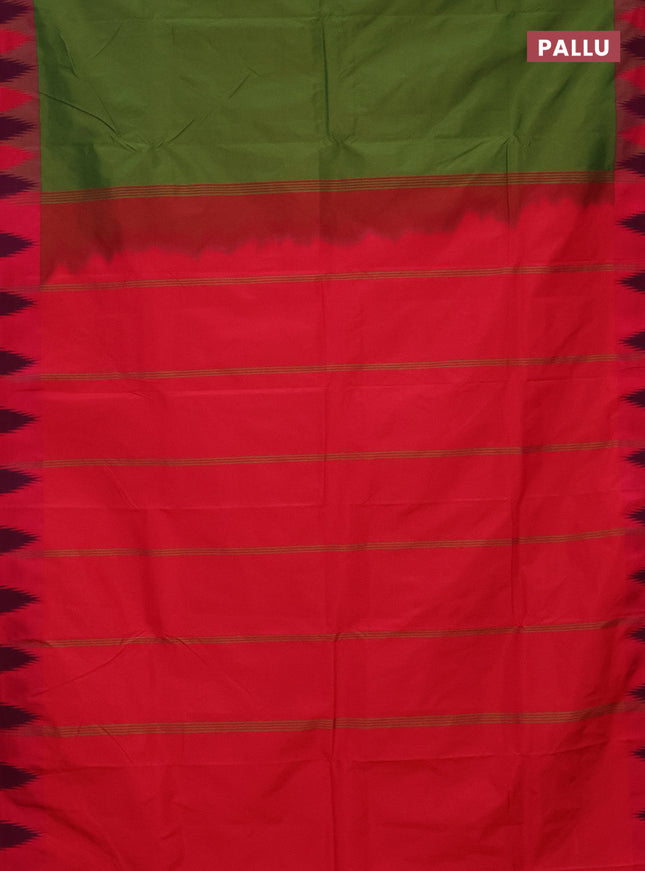 Arani semi silk saree sap green and dual shade of pink with plain body and temple design border