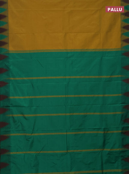 Arani semi silk saree dark mustard and dual shade of green with plain body and temple design border