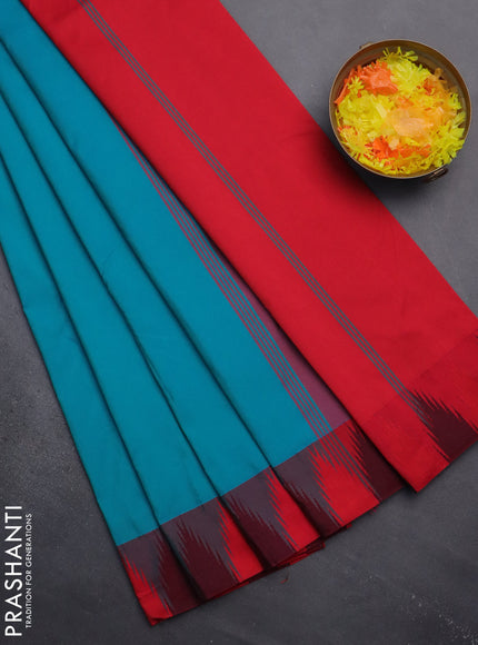Arani semi silk saree teal blue shade and dual shade of pink with plain body and temple design border