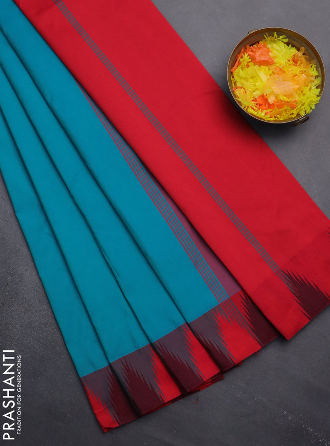 Arani semi silk saree teal blue shade and dual shade of pink with plain body and temple design border