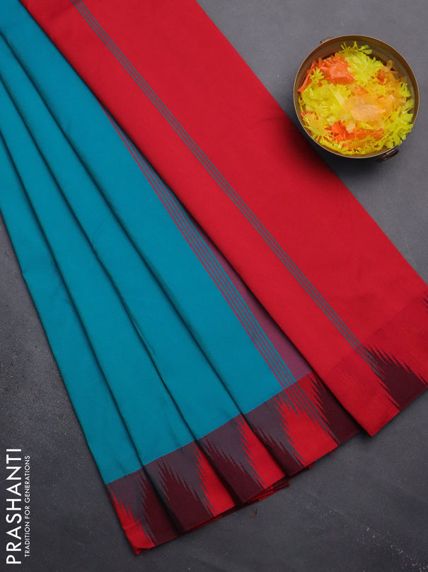 Arani semi silk saree teal blue shade and dual shade of pink with plain body and temple design border
