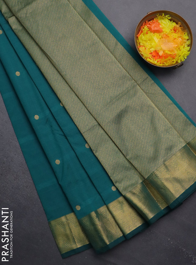 Arani semi silk saree peacock green with zari woven rudhraksha buttas and zari woven border