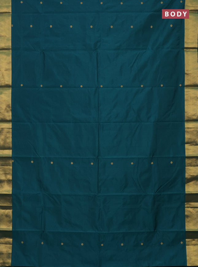 Arani semi silk saree peacock green with zari woven rudhraksha buttas and zari woven border