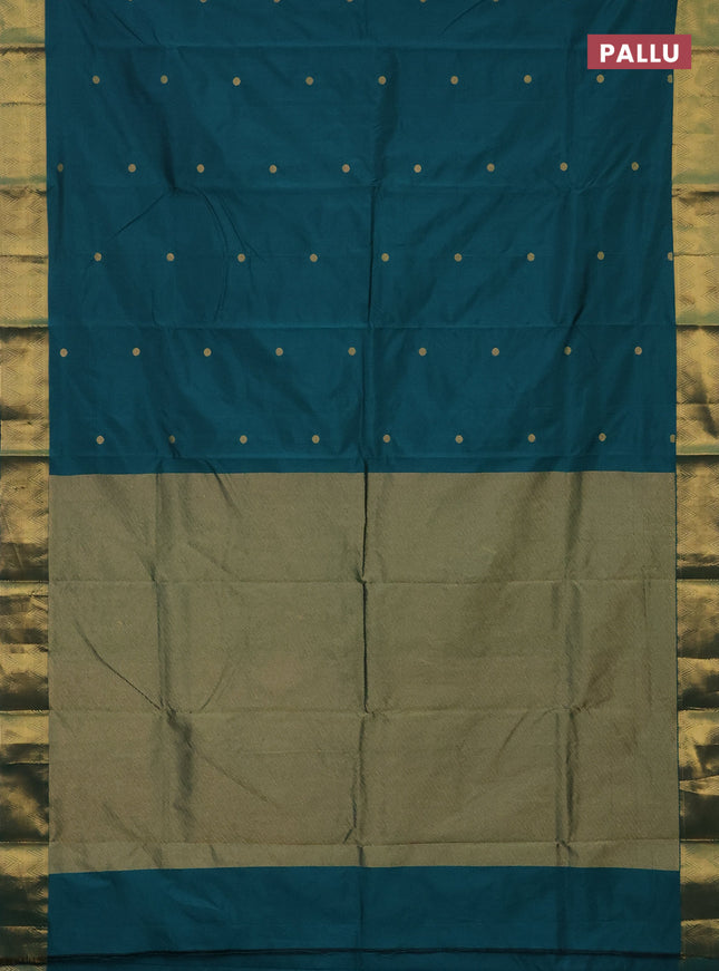 Arani semi silk saree peacock green with zari woven rudhraksha buttas and zari woven border