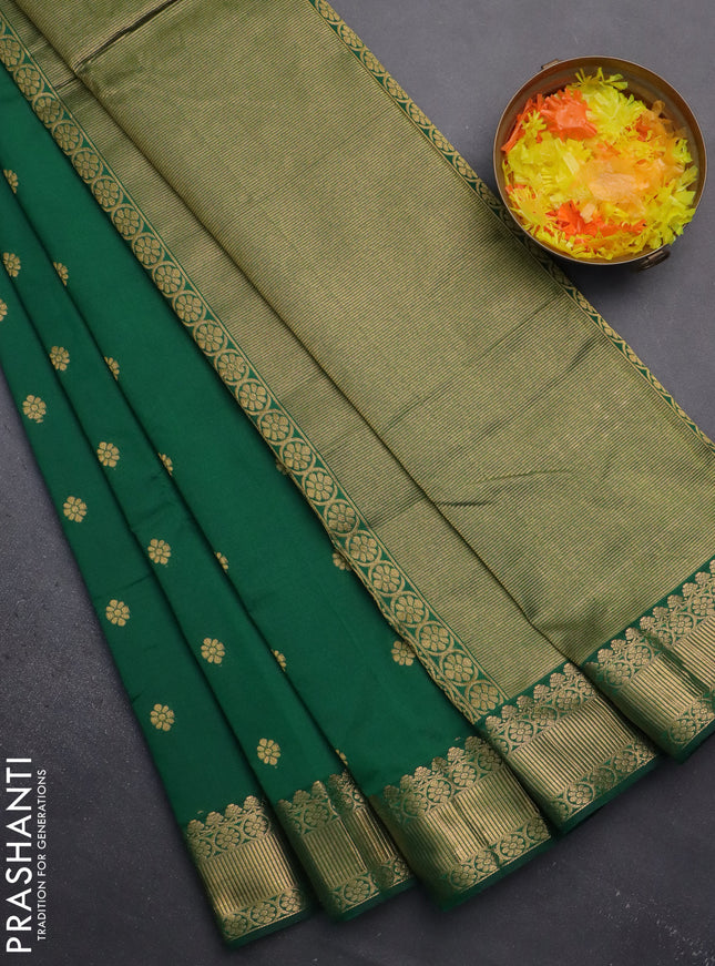 Arani semi silk saree green with zari woven floral buttas and zari woven border