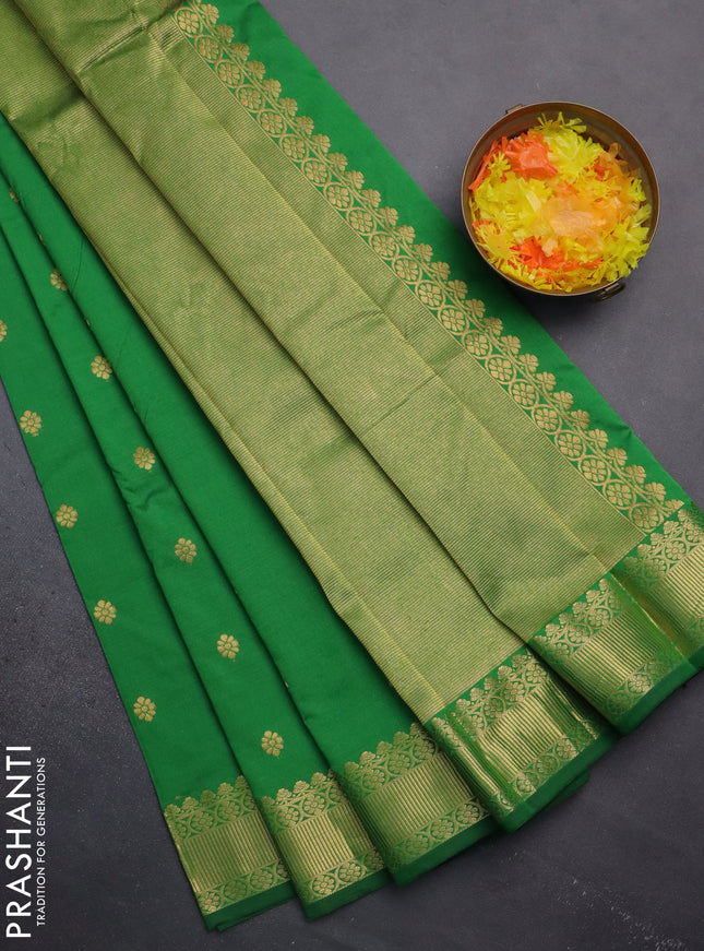 Arani semi silk saree green with zari woven floral buttas and zari woven border