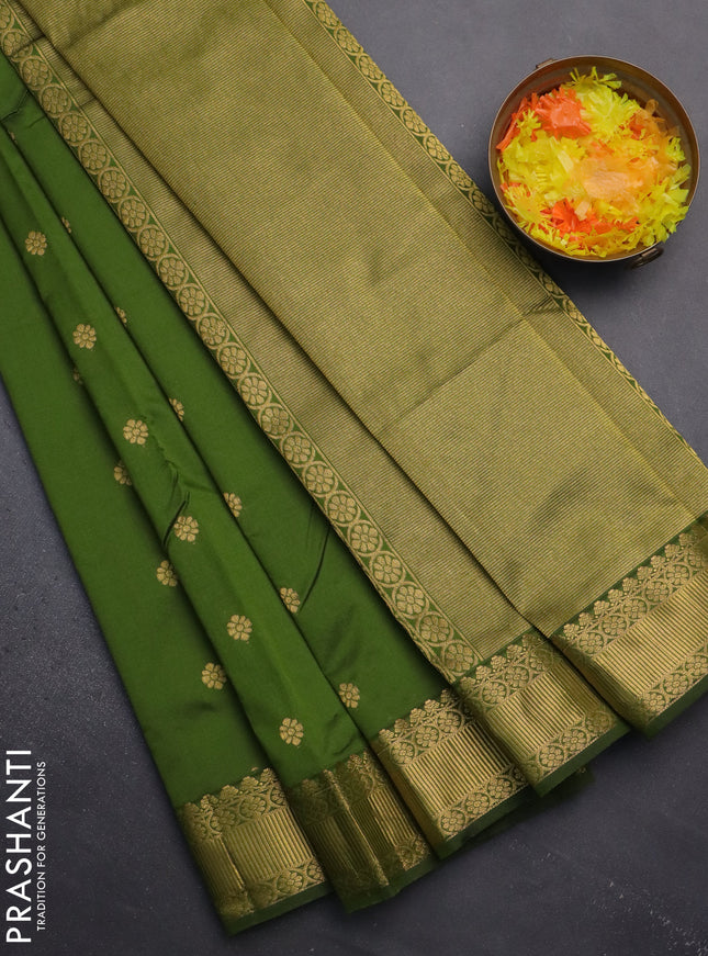 Arani semi silk saree sap green with zari woven floral buttas and zari woven border