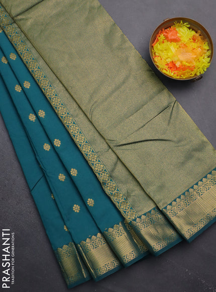 Arani semi silk saree peacock green with zari woven floral buttas and zari woven border